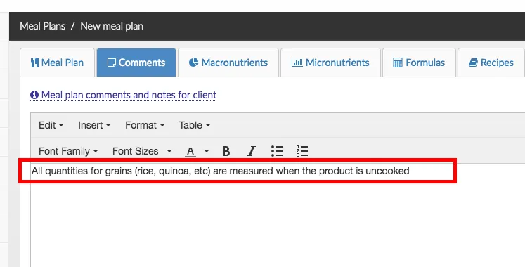 comments section of meal plan